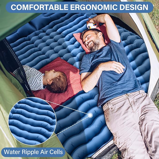 Yuzonc Double Camping Sleeping Pad with Built-in Foot Pump and Pillows – Ultralight Inflatable Sleeping Mat for 2 Person, Compact Air Mattress for Backpacking Hiking Tent Camping, Portable Outdoor