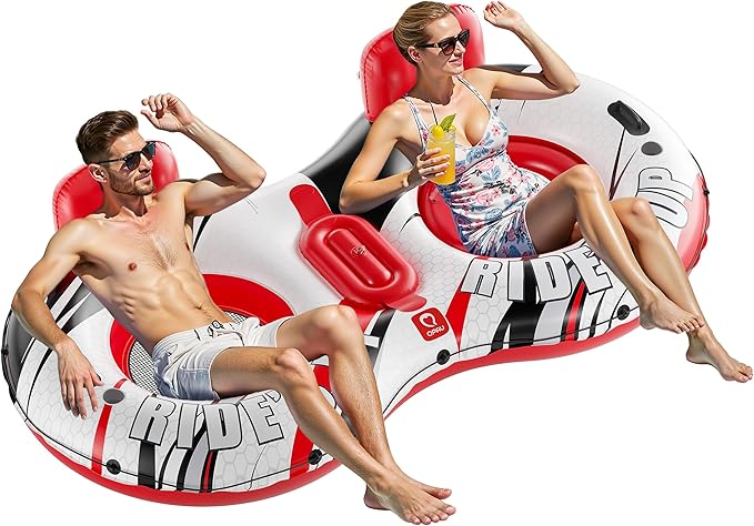 QPAU Inflatable Double River Tube, 2 Person 660lb Capacity, Puncture-Resistant 93" Sturdy Heavy Duty River Float, River Raft with Ergonomic Backrest, Cooler & Cup Holders for Family