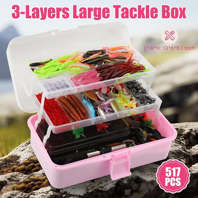 517 Pcs Large 3 Layers Tackle Box with Tackle Fishing Lures Kit Included Pliers, Fish Lip Gripper, Crankbait, Hooks, Other Accessories Fishing Kit for Men Gifts Summer Vacation(Pink White)