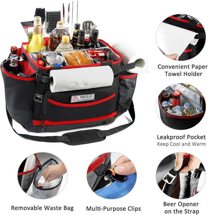 Large BBQ Organizer with Molded Hard Base, Compatible with Blackstone Outdoor Utensil Bag for Camping, Picnic & Tailgating, Portable Cooking Accessories Tote, Gift for Men