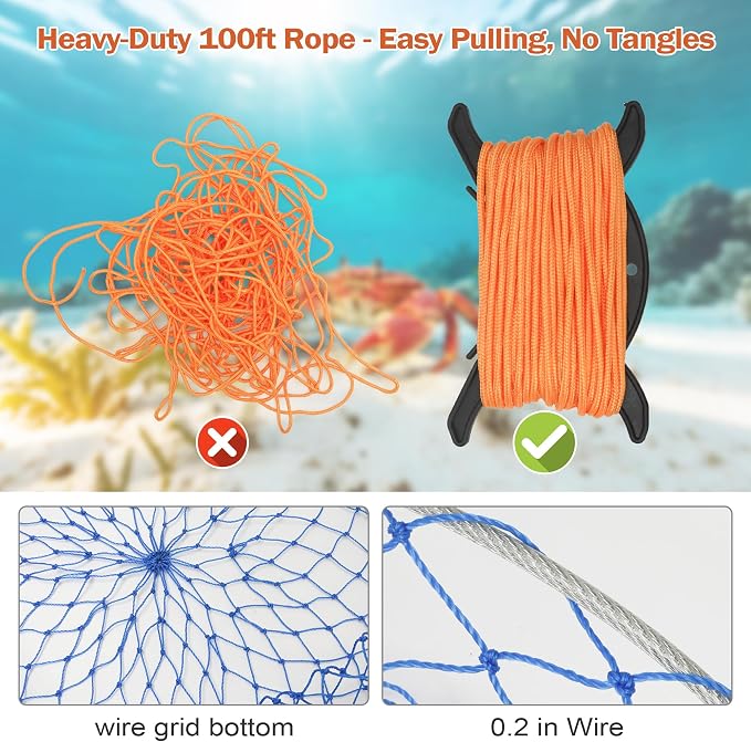 Collapsible Crab Trap Foldable Double Ring Crab Trap,Stainless Steel Ring Crabs Net Portable Crabbing net Set for Easy Storage with 100ft Rope,Bait Bag, Clip,Gauge for Dungeness, Rock and Blue Crabs