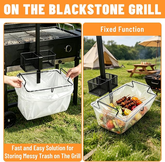 Griddle Caddy for Blackstone, 8-in-1 Outdoor Grill Organizer | Cup Holder, 2 Condiment Baskets, Garbage Bag & Paper Towel Holders, Hook Shelf & Pedestal Poles, For Camping BBQ RV Patio