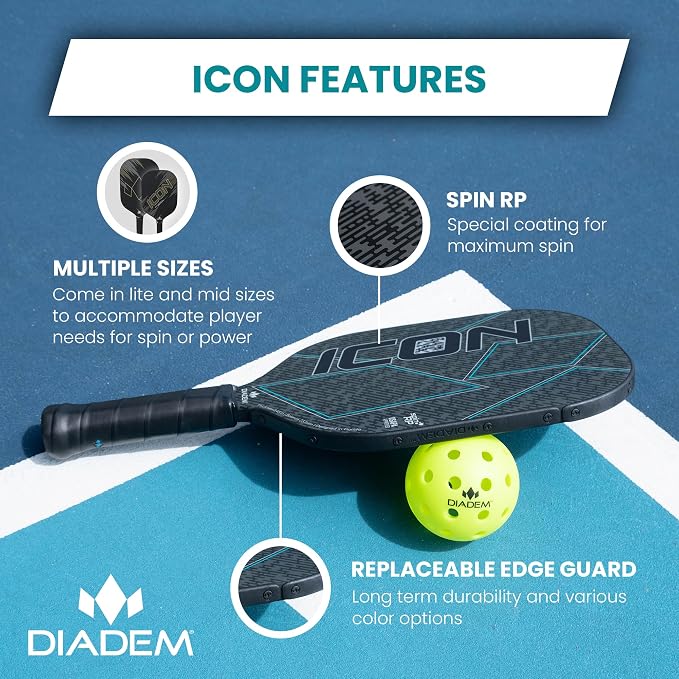 Diadem ICON Performance Pickleball Paddle | Graphite Carbon Fiber, Honeycomb Core, Fiberglass Face, Ultra Sleek Edge Guard, Spin Friendly | Indoor/Outdoor | USAPA Approved