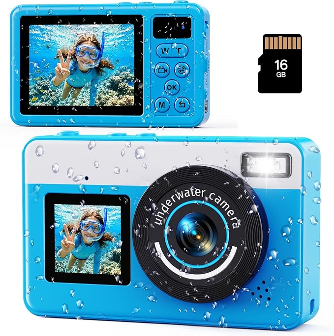 Maxmango D70 4K Underwater Digital Camera - 48MP 10FT Waterproof Camera for Snorkeling - Dual Screen Selfie Compact Floatable Camera with 16GB Card - Point and Shoot Digital Cam 1200mAh Battery -Blue