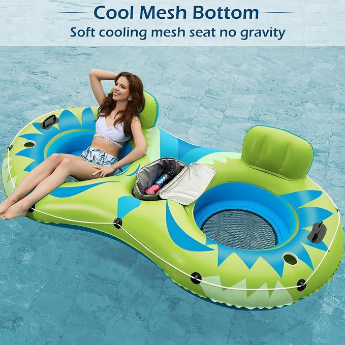 Jasonwell Inflatable River Tube Float - 2 Person Heavy Duty River Float Pool Floats with Removable Cooler Lake Water Tubes for Floating River Raft Lounge Floatie with 2 Cup Holders for Adults (YG)