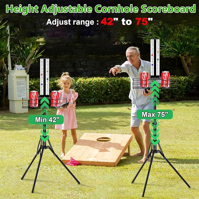 Cornhole Scoreboard with Drink Holder, Height Adjustable Foldable Cornhole Score Keeper with Storage Rack Includes 4 Magnets, 1 Storage Bag, Suitable for Outdoor Yard Games