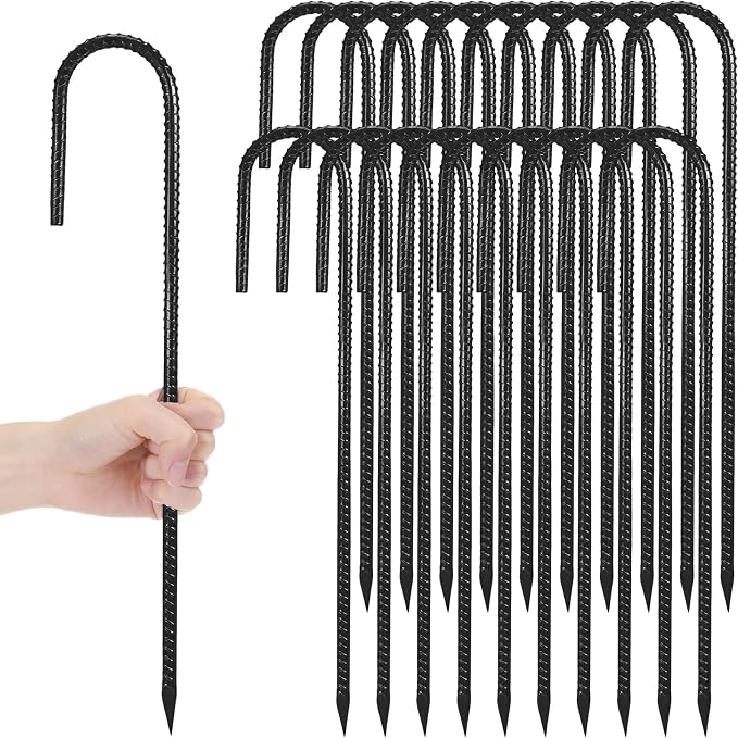 Gisafai 20 Pcs 24 Inch J Hook Rebar Stakes, Garden Ground Stakes Heavy Duty Tent Stake Ground Anchors Steel Plant Support Stake Long Straight Metal Spikes with Chisel Point End for Concrete Timber