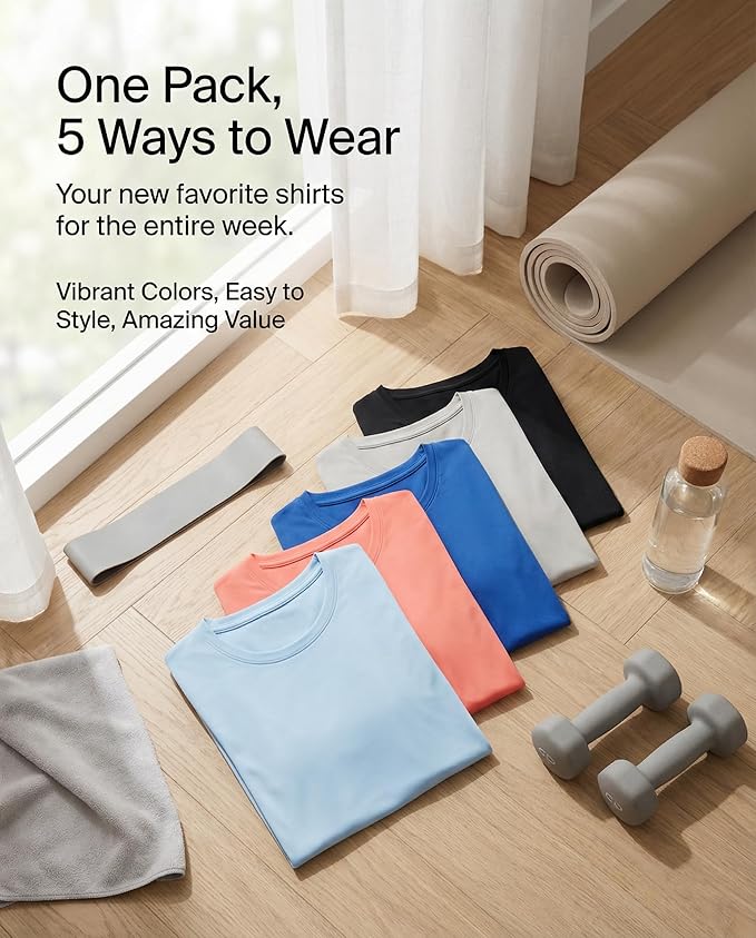 Real Essentials 5 Pack: Women's Short Sleeve T-Shirts Workout Tops Fitness Pilates Gym Activewear Athletic (Plus Available)