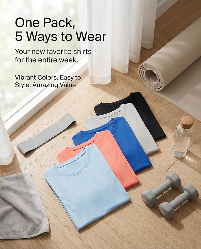 Real Essentials 5 Pack: Women's Short Sleeve T-Shirts Workout Tops Fitness Pilates Gym Activewear Athletic (Plus Available)