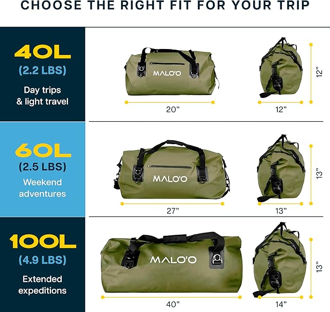 Malo’o Waterproof Dry Duffel, Heavy-Duty Roll Top Waterproof Gear Bag with Shoulder Strap & Molle Loops, Marine Duffel for Kayaking, Boating, Camping, Beach & Travel, Dark Green, 60L