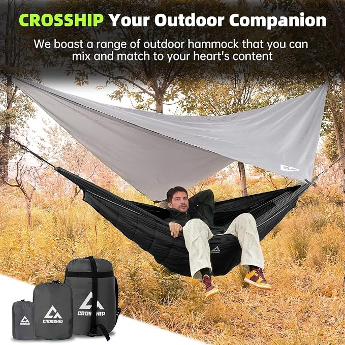 Camping Hammock with Mosquito Net, Underquilt & Rain Fly Tarp – 2 Person Portable Hammock Set for Hiking, Backpacking, Travel, Backyard, Beach – Holds Up to 500lbs (Black)