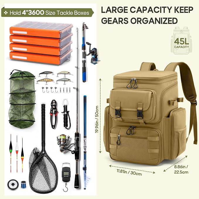 RAINSMORE Fishing Backpack, 45L Large Fishing Bag with 4 Rod Holders & Insulated Cooler Professional Fishing Tackle Backpack with Rain Cover Waterproof Tackle Bag for Men Gift, Khaki