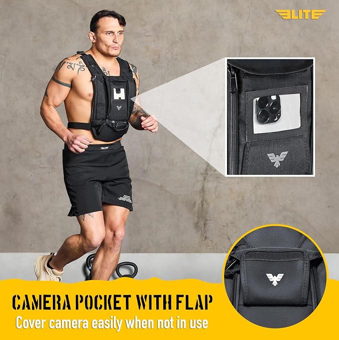 Elite Sports Running Vest w/Phone Holder, Gun Holster for Men/Women, Reflective Lightweight Chest Pack w/Touch Friendly Phone Sleeve, Camera Pocket - Chest Rig for Hiking, Trail, Marathon, Camping