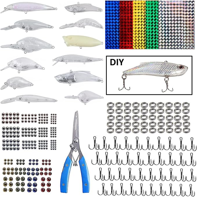 Unpainted Fishing Lures DIY Minnow Kit - 280/363pcs Blank Hard Crankbait Set Pliers Scissors,Treble Hooks,Split Rings,Stickers,3D Eyes for Making Lures DIY Fishing Tackle Kit