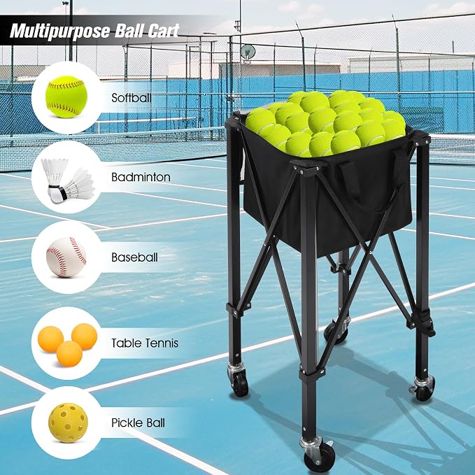 Portable Tennis Ball Hopper Holds 180 Balls, Tennis Ball Basket Cart with 4 Wheels & Brakes, Detachable Oxford Fabric Bag for Tennis and Pickleball Training, Black