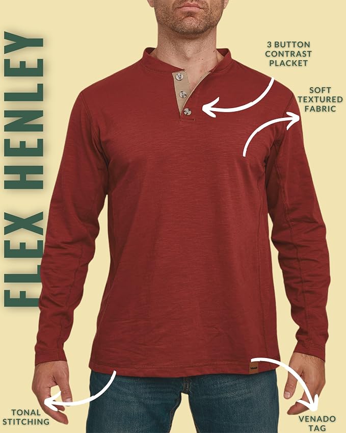 Venado Henley Long Sleeve Shirts for Men - Mens Henley with Flex Material