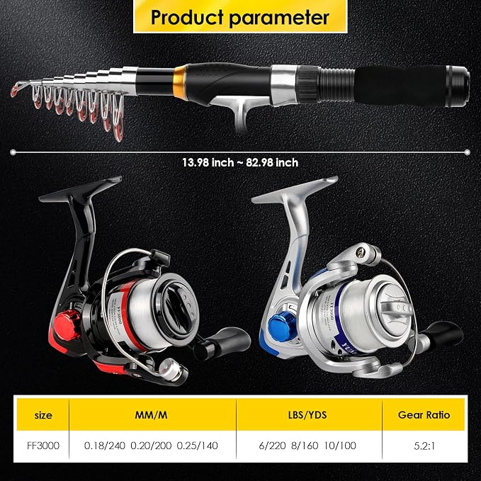 2-Pack 6.89FT Collapsible Fishing Pole Reel Combo Compact Fishing Gear | Telescopic Spinning Rod Reel Combo Lures Tackle Box Accessories Lightweight Travel Fishing Tool Set for Fishermen Gift