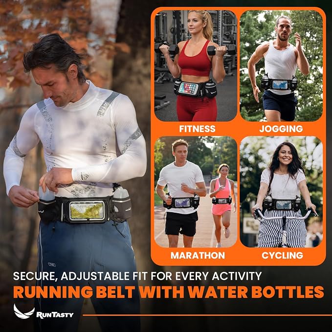 No.1 Hydration Belt by Runtasty - Premium Running Fuel Belt w/2 BPA-Free 10 oz Water Bottles, Tilt-Up Pocket w/Touchscreen-Ready Cover - Fits All iPhones, Runners Ebook & No-Bounce Design