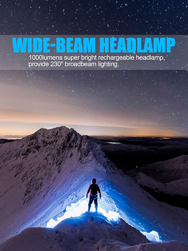 LED Headlamp Flashlight 8Packs, 1000L 230° Broadbeam Headlight, USB Rechargeable Head Lamp with Red Taillight, Lightweight Waterproof Headlamps for Camping Running Hiking, Hard Hat Headlamp