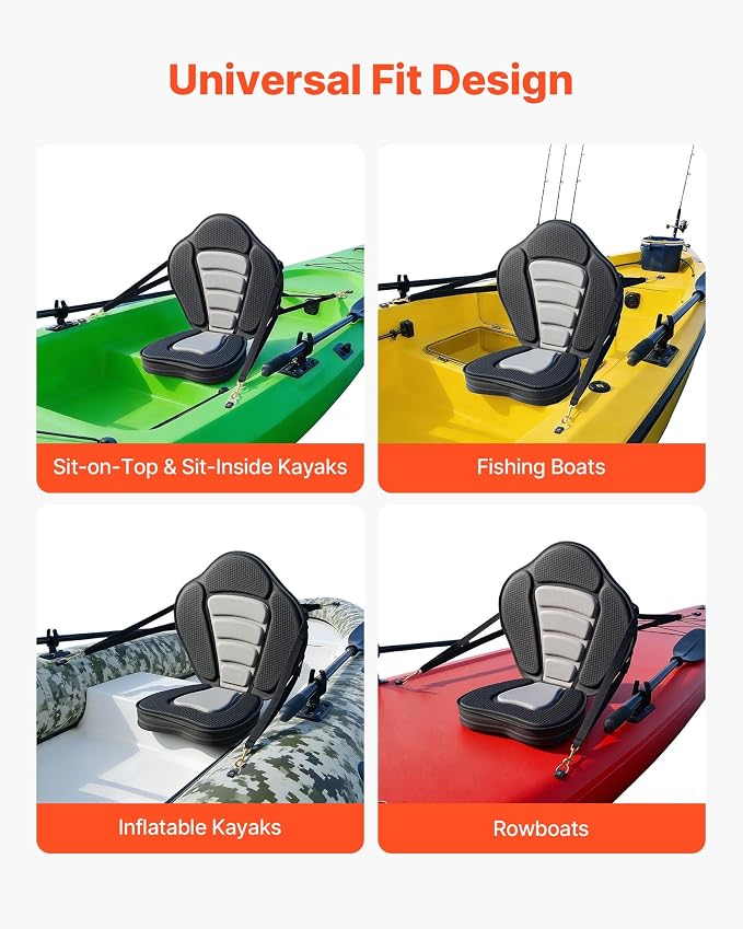 VEVOR Kayak Seat, Universal Paddle Board Seat with Adjustable Back Support, Multiple Thickness Options (0.5” to 2.6”), Soft Padded Cushion & Storage Bag for SUP, Canoe, Fishing Boat, Inflatable Kayak