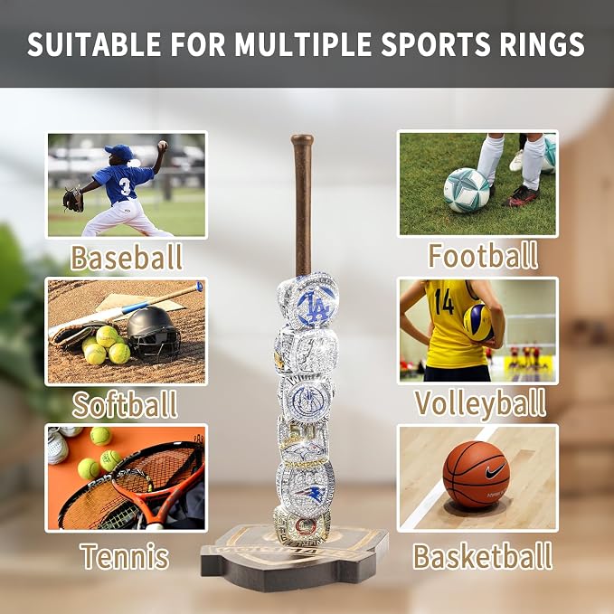 Wooden Baseball Ring Holder,Championship Ring Display Holder,Softball Ring Holder,Sports Ring Holder,Engraved with Delicate Patterns and Words.Holds 15 Rings