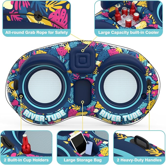 Pool Floats Adult, 2 Person River Tubes Inflatable 5-in-1 Heavy Duty River Raft with Backrests Builtin Cooler 2 Cup Holders Floating Lounge for Lake Swimming Tanning Pool Toys Summer Relaxation