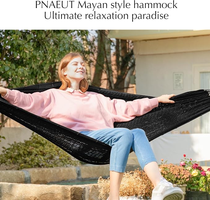 PNAEUT Handwoven Mayan Hammock, Thick Soft Rope Double Hammock for Outdoor Outside & Indoor, 600 lbs Capacity Heavy-Duty, Includes Tree Straps, Carabiners & Carrying Bag (Sombra Negra, X-Large)