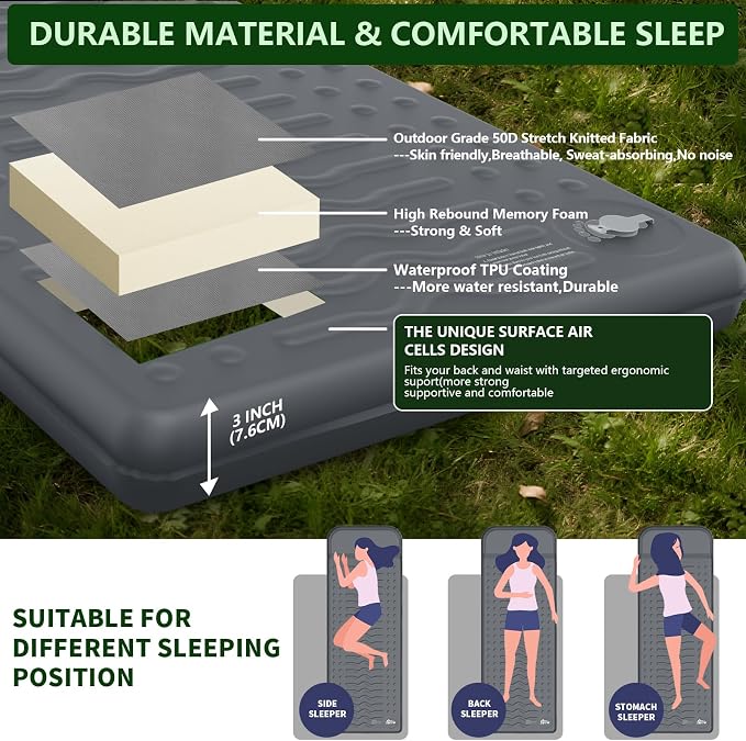 HiiPeak Memory Sleeping Pad, Compact 3" Thick Foam Sleeping Mats with Pillow, 9.5 R-Value Insulated Camping Mattress Pad, Easy Inflate & Deflate, Inflatable Sleep Mat for Backpacking Hiking Car Tent