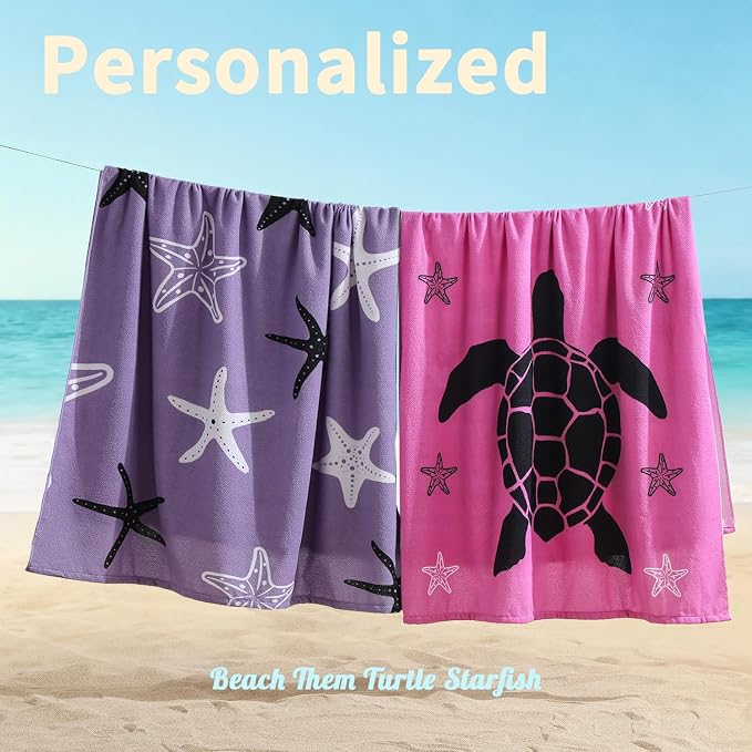 Oversized Beach Towels 4 Pack,40”x70” Microfiber Thin Large Beach Towel Set for Adults Travel Camping Swimming,Turtle Starfish Them Sand Free Quick Dry Lightweight XL Pool Towels -Purple & Rose Red
