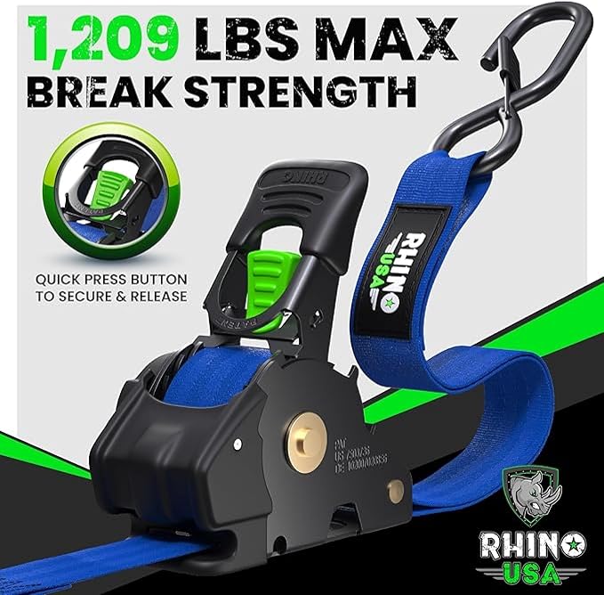 Rhino USA Retractable Ratchet Straps (2-Pack) - 1 Inch x 10 Feet (1,209lb Break Strength) - Auto Self Retracting Tie Down Straps for Truck, Cargo Trailer, Motorcycle, ATV, UTV - Blue