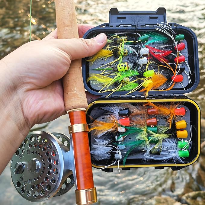 Fly Fishing Flies Assortment Kit Dry Wet Nyphms Tenkara Popper Streamer Woolly Bugger for Trout Bass Salmon Steelhead with Fly Box