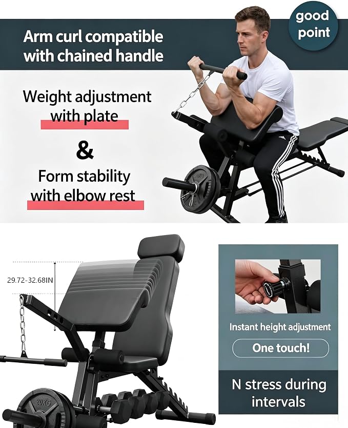 BARWING Multi-Function Adjustable Weight Bench with Leg Extension and Curl, Preacher Curl Attachment, Incline Decline Bench Press for Home Gym, 1500LB Heavy Duty Workout Bench