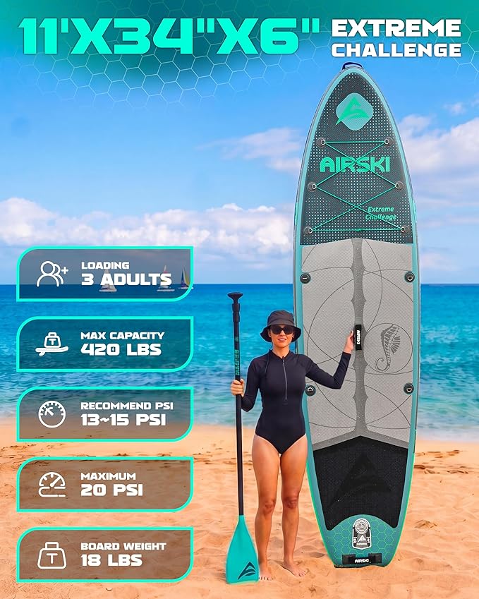 11'x34'' Extra Wide Inflatable Paddle Board, Stand-up Paddleboard for Adults, 420lb Capacity, Anti-Slip EVA, Stand-up Paddle Board for Yoga/Fishing/Family, US Fin, High-Pressure Pump, 100L Bag