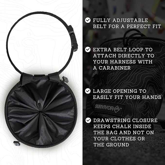 Chalk Bag + Refillable Chalk Ball - Iconic Topographical Map, Draw String Closure, 2 Zippered Pockets, & Brush Holder - Climbing Chalk Bag for Rock Climbing, Bouldering, Weightlifting, Gymnastics