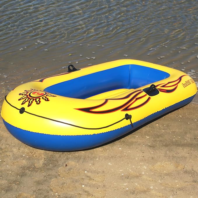 SOLSTICE Inflatable Boat Rafts 2 Person for Adults & Kids Comes W/ Pole Oar Holders Cushioned Comfortable Base Grab Line 6 Ft Size Sunskiff Kits Dinghy Air Floor Yellow