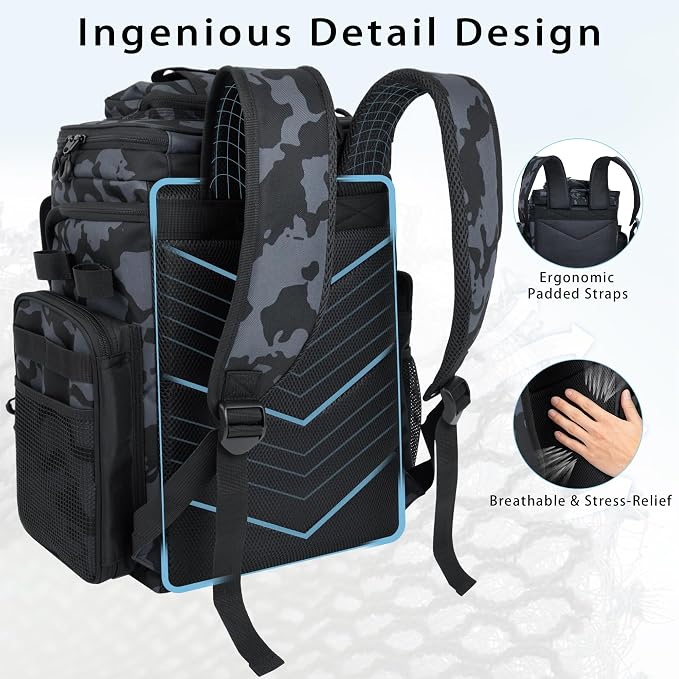 Fishing Backpack with 4 Tackle Boxes, 55L Large Tackle Box Backpack with 4 Rod Holders, Waterproof 900D Tackle Backpacks with Cooler & Clear Gear Windows, Fishing Gifts for Men Women,Camouflage Black