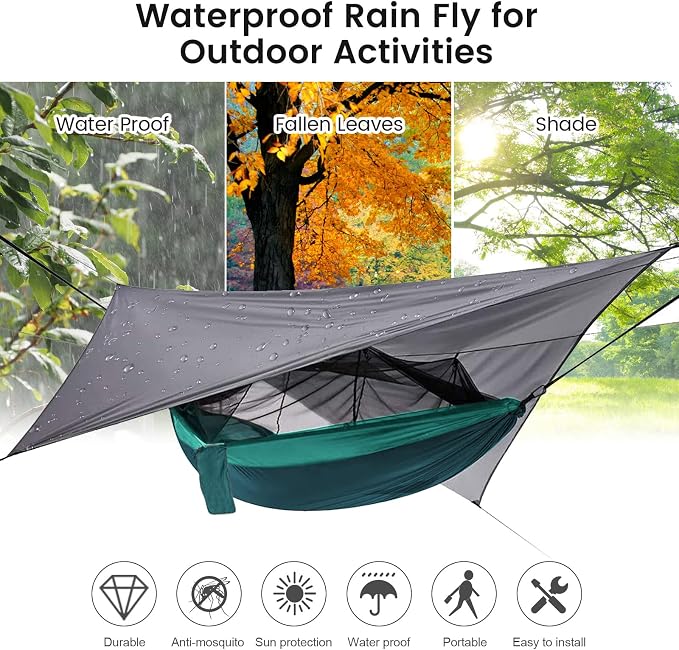 Camping Hammock with Mosquito Net & Rain Fly Tent Tarp & Tree Straps Portable Strong Nylon Hammock Parachute Tent w/Storage Bag for Camping Hiking Backyard Outdoor Backpacking Travel