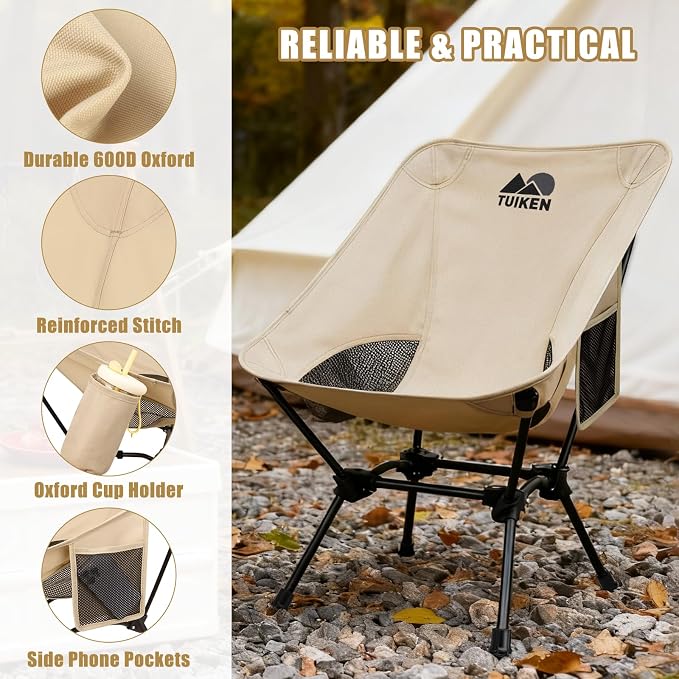 Ultralight Camping Chair Backpacking Chair, Portable Camp Chair with Cup Holder & Storage Bag, Lightweight Compact Folding Chair for Hiking, Travel, Picnic Mountaineering (Light Brown)