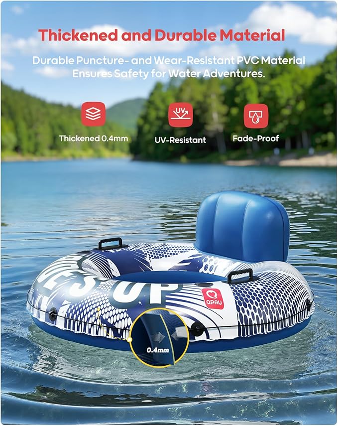 QPAU Inflatable River Tube, 0.4 mm Thickened Puncture-Resistant Heavy Duty River Float, River Raft with Ergonomic Backrest, Mesh Bottom & 2 Cup Holders for Family Friends Lake Float