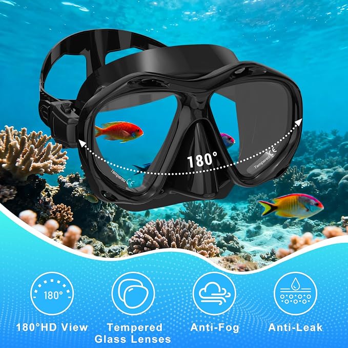 Snorkeling Gear for Adults, Mask Fin Snorkel Set, Dry Top Snorkel Mask, Panoramic View Anti-Leak Anti-Fog 3 in 1 Snorkeling Kit Travel Diving Package with Storage Bag