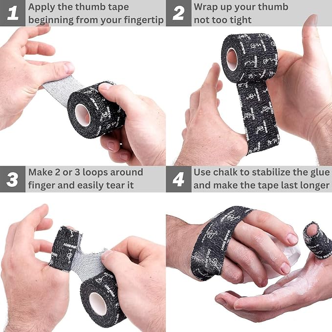 WARM BODY COLD MIND 1.85" Weightlifting Thumb Tape - Hook Grip Tape for Powerlifting, Cross Training, Gym Tape, Workout, Weight Lifting Tape, Athletic Finger Wrap (BlackFocus 12 Rolls)