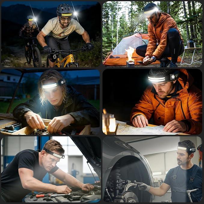Headlamp Rechargeable, 230° COB Wide Beam Head Lamp Headband with Motion Sensor, Mini LED headlamp with Detachable Magnetic Attachment Design, 3+5 Modes for Outdoor Camping Fishing Running (6)
