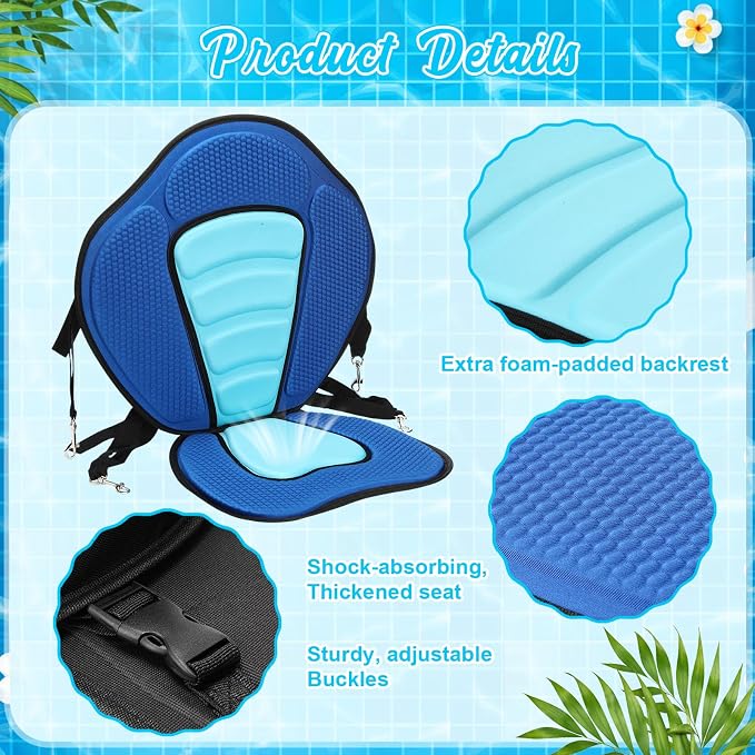 Vinsot Kayak Seat Cushion Universal Paddle Board Seat with Back Support Adjustable Non Slip Boat Chair Seats with 4 Straps and Storage Bag for Kayak Boat Sup Canoe