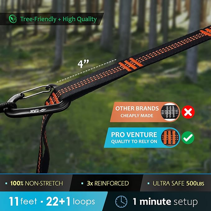 Hammock Straps and Carabiners Set | 22 Feet Total, 44+2 Loops | 1200lbs Breaking Strength (500lbs Rated) | Non-Stretch, Lightweight, Portable - Quick Setup | Heavy Duty, Tree Friendly