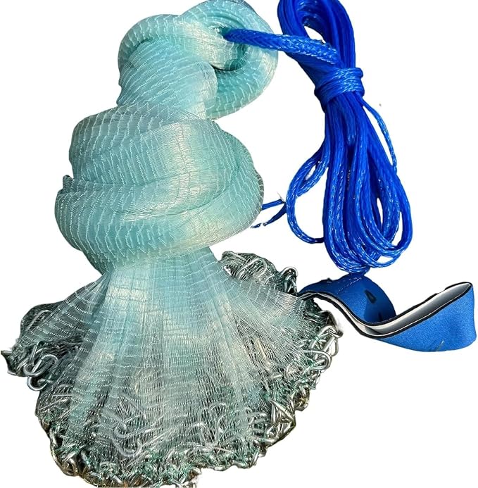 Easy Throw Cast Net with Chain Bottom – 4ft to 12ft Radius, 2/7 Inch Mesh Size – for Saltwater & Freshwater Fishing, All Anglers