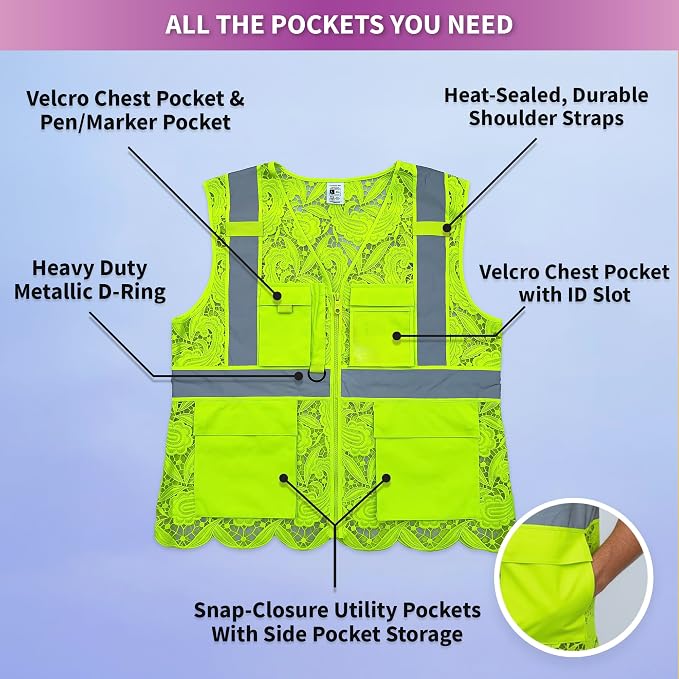 Lace-Mesh Safety Vest for Women & Men - Breathable, High Visibility Vest with Zipper & ANSI Class 2 Reflective Strips