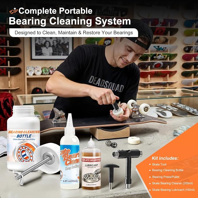 Skate Bearing Cleaning Kit – Portable Complete Bearing Maintenance System with Cleaning Bottle, 200ml Cleaner, 100ml Lubricant Oil, Bearing Press Puller & T Tool for Skateboard & Roller Skates