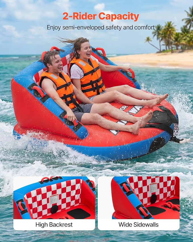 VEVOR Towable Tubes for Boating, 2-Rider Inflatable Towable Tube for Boat to Pull, 340 lbs Capacity Water Sports Boating Tubes - with Full Nylon Cover, Dual Tow Points, Safety Valve & Padded Handles