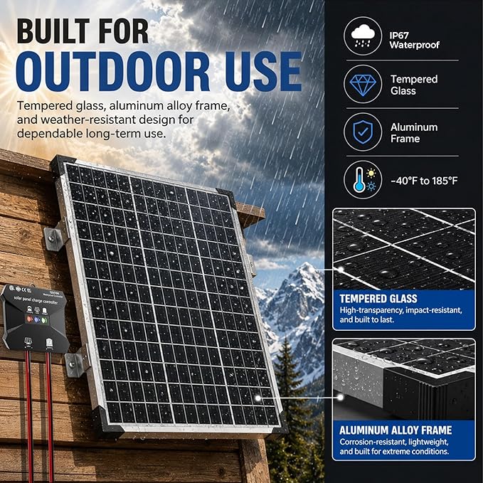 Voltset 50W Solar Panel Kit - 12V Solar Battery Charger Maintainer - IP67 Waterproof Solar Trickle Charger with 10A Smart Charge Controller and Mount Bracket for Boat RV Car Motorcycle Marine Trailer