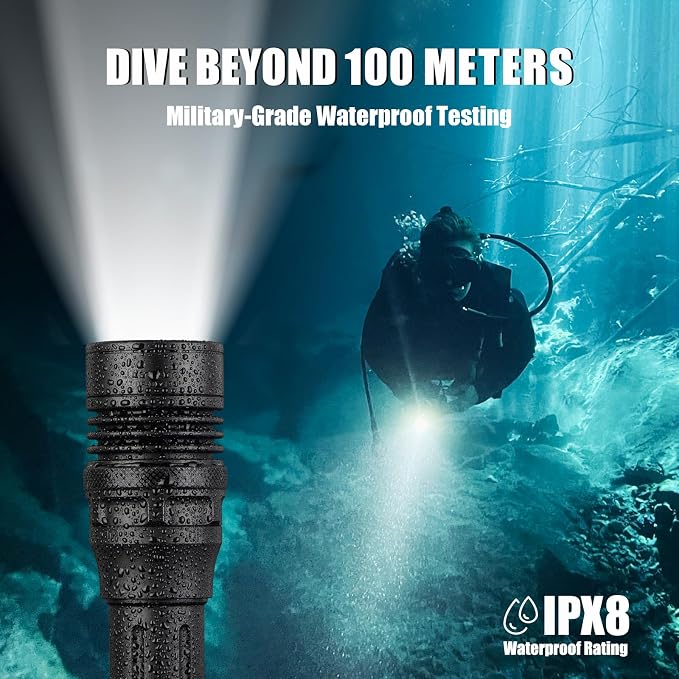 ULTRAFIRE Dive Light 3350 Lumens Rechargeable Scuba Diving Flashlight, IPX8 Waterproof Underwater Flashlight 100M Depth, 3 Modes with Magnetic Rotary Switch, for Snorkeling Night Diving Cave Safety